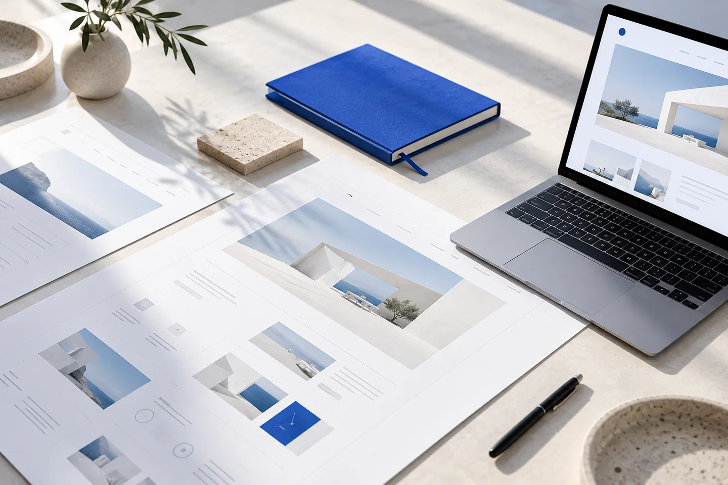 Conceptual design workbench with website layouts and a cobalt notebook