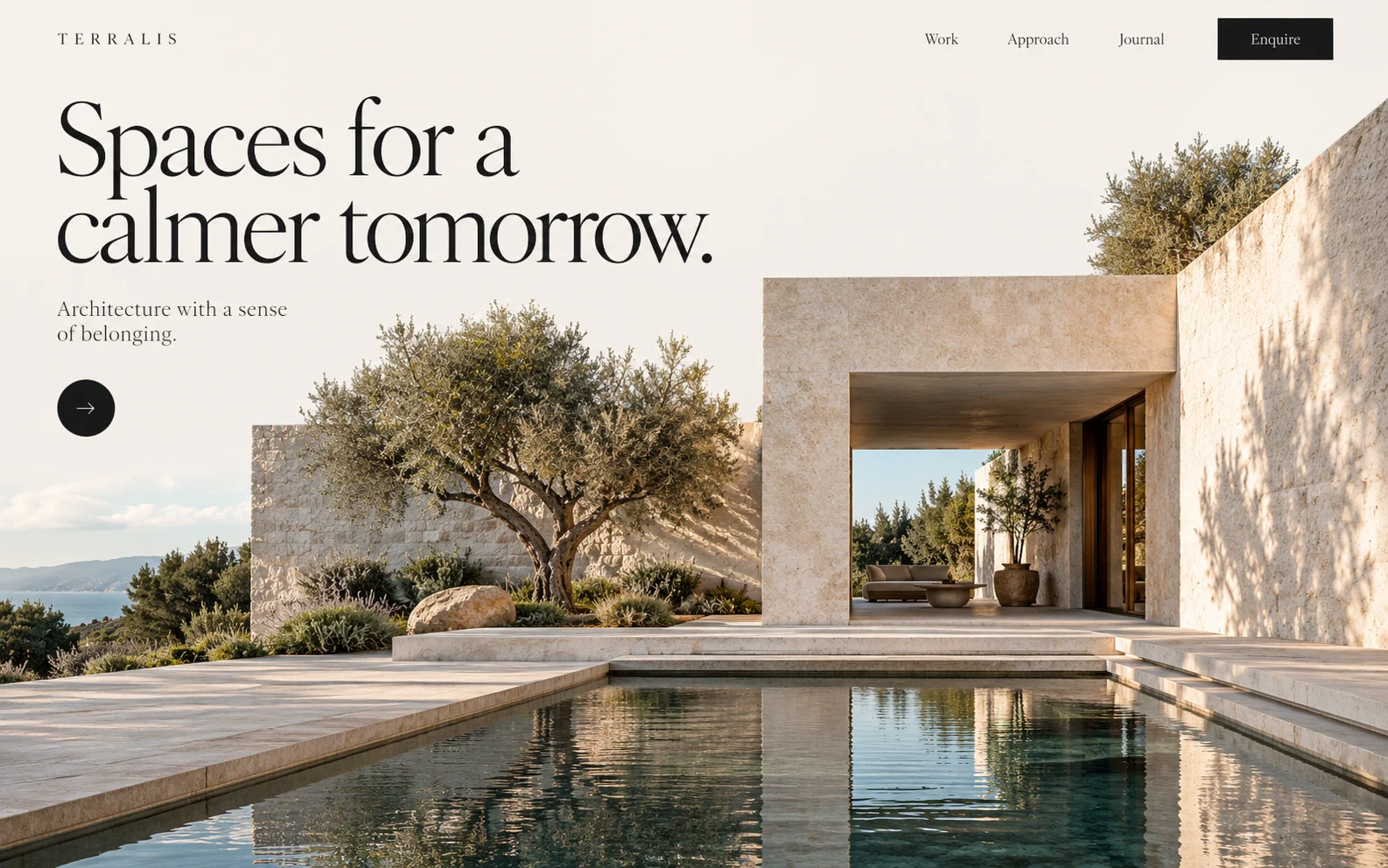 Terralis architecture website concept with warm stone architecture and editorial typography