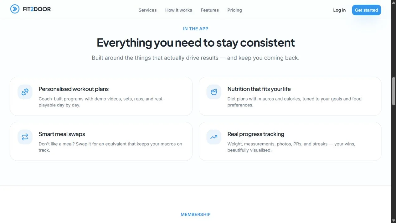 The public feature section introduces workout, nutrition and progress tools.