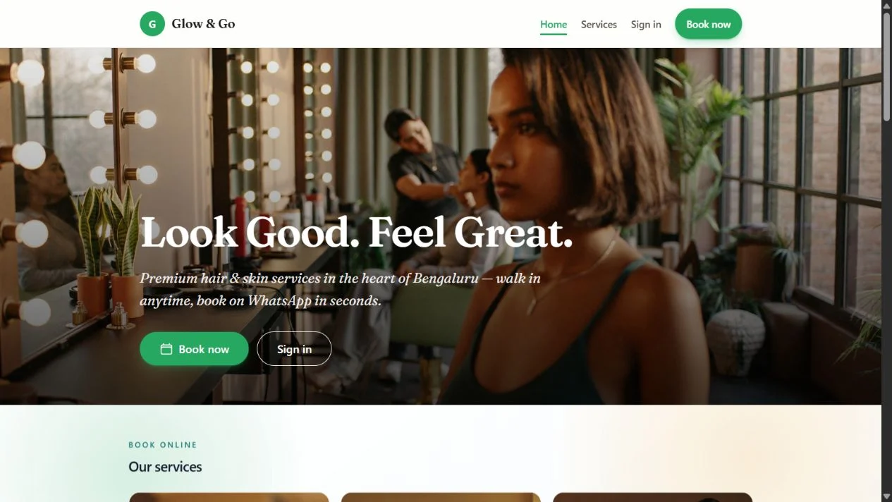 Glow & Go is the product’s public demo salon, shown with sample content.
