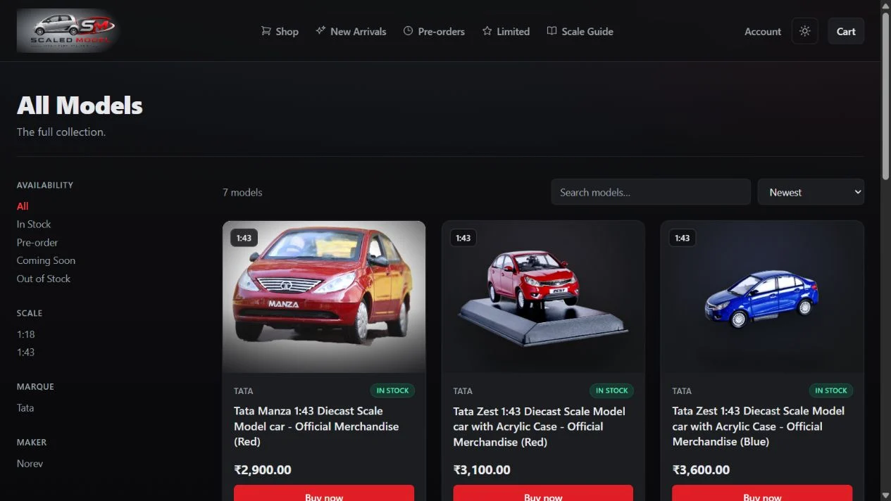 The live catalogue combines collector-specific filters with product photography.